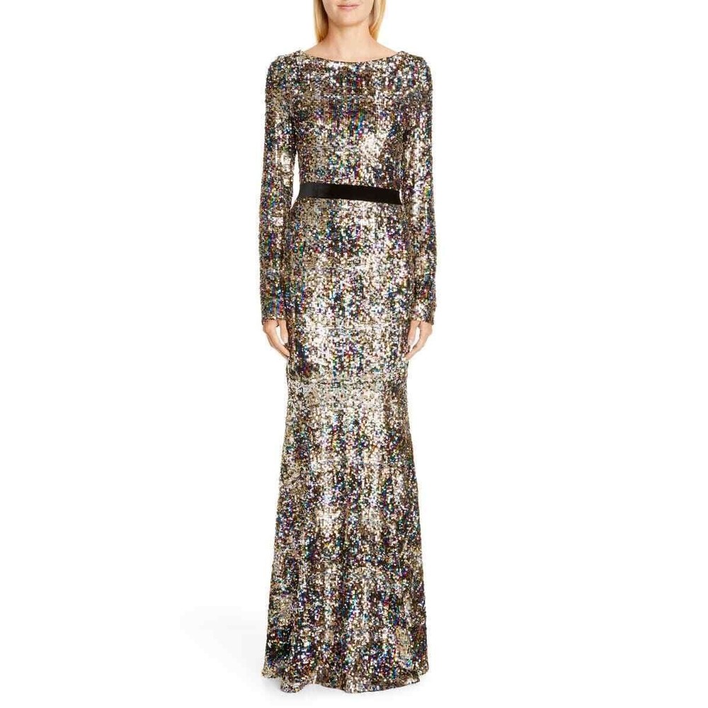TALBOT RUNHOF Patina Sequin Plaid Embroidered Long Evening Dress 40 (US 10) NEW